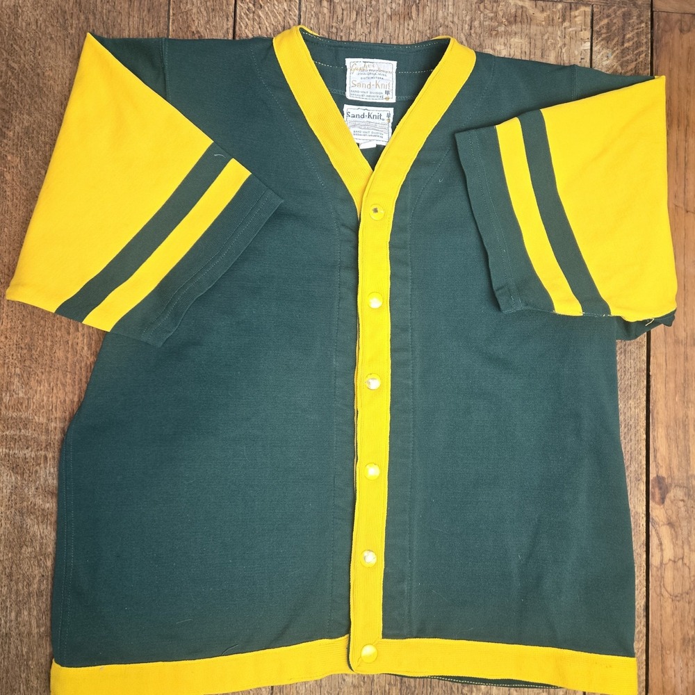 True Vintage 70s‎ Cheerleading Jacket Trojans Snap Up Green Yellow 42 Sand Knit